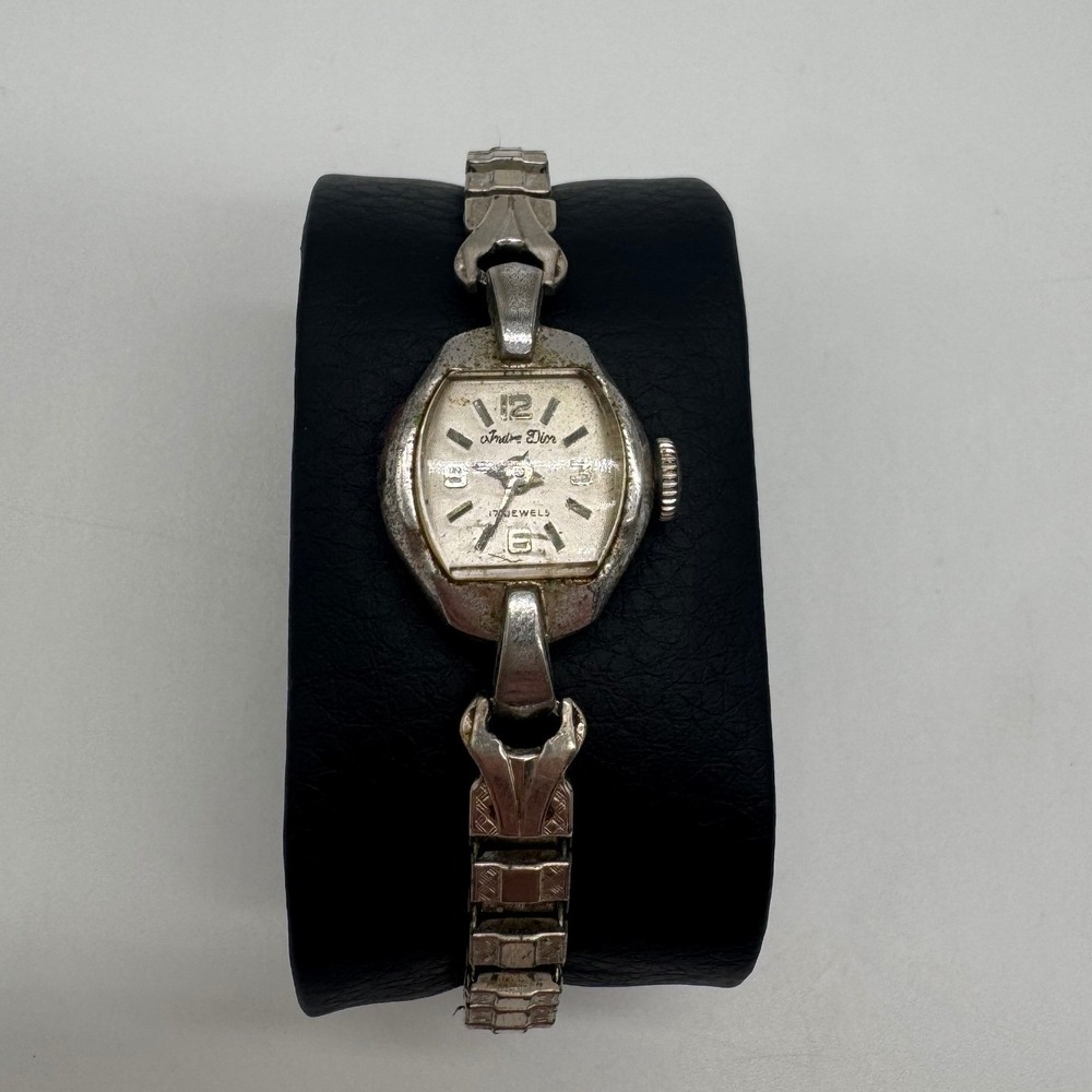 Vintage Andre Dior 17 Jewels Manual Wind Watch Silver Tone For Parts Repair